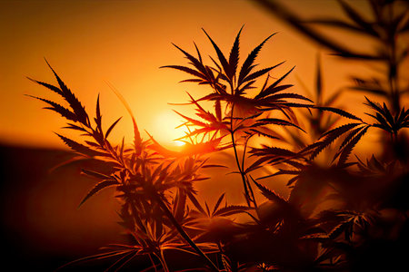 Sunset Close-Up Shot of Mature Harvest Ready Herbal Cannabis Plant Leaves at a CBD Oil Hemp Marijuana .Generative AIの素材