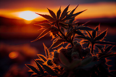 Cannabis plant growing outdoors, lit by warm morning light.Generative AIの素材