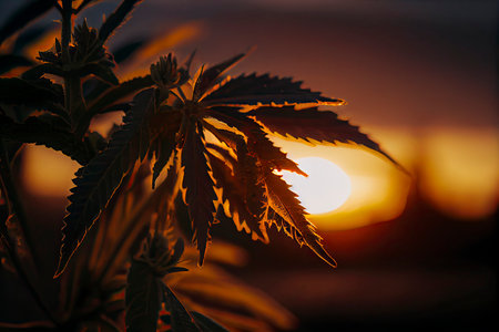 Cannabis plant growing outdoors, lit by warm morning light.Generative AIの素材