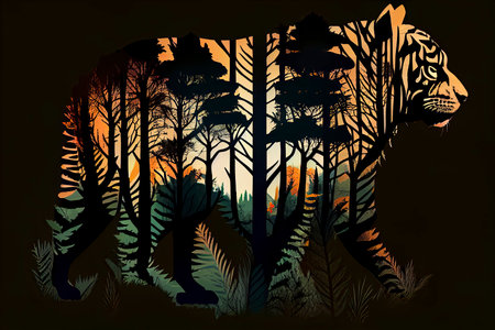 Tiger World Wildlife Day forest silhouette in the shape of a wild animal wildlife and forest conservation concept.Generative AIの素材