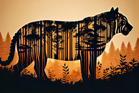 Tiger World Wildlife Day forest silhouette in the shape of a wild animal wildlife and forest conservation concept.Generative AIの素材