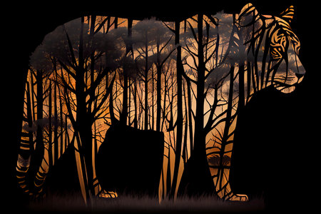 Tiger World Wildlife Day forest silhouette in the shape of a wild animal wildlife and forest conservation concept.Generative AIの素材