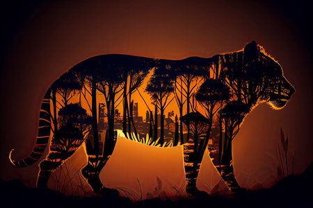 Tiger World Wildlife Day forest silhouette in the shape of a wild animal wildlife and forest conservation concept.Generative AIの素材