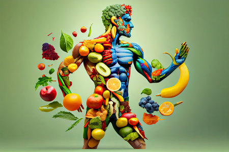 Human made of and surrounded by healthy food, fruits and vegetables, healthy lifestyle on a clean background.Generative AIの素材