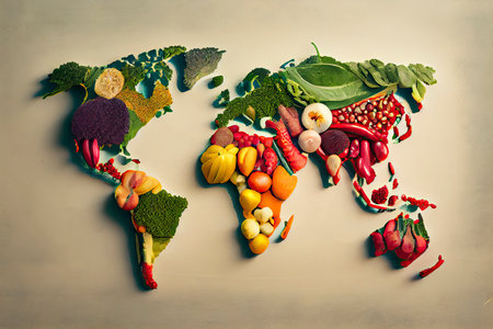 World map from different fresh fruits and vegetables.Generative AIの素材