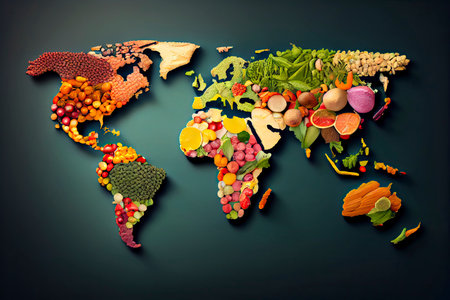 World map from different fresh fruits and vegetables.Generative AIの素材