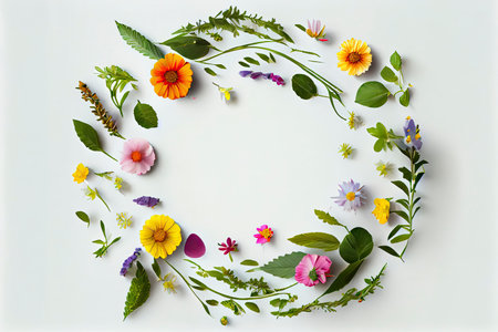 Flowers composition. Wreath made of various colorful flowers on white background.Generative AIの素材