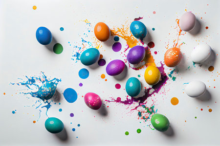 many colorful easter eggs in splash of paint. white background.Generative AIの素材