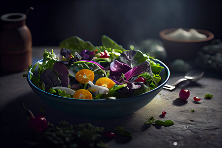 Healthy salad with spinach,quinoa and roasted vegetables.Generative AIの素材