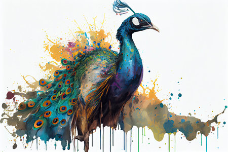 colorful Peacock,white background,dripping art.Generative AIの素材