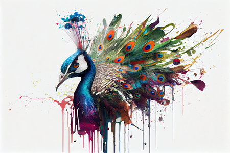 colorful Peacock,white background,dripping art.Generative AIの素材