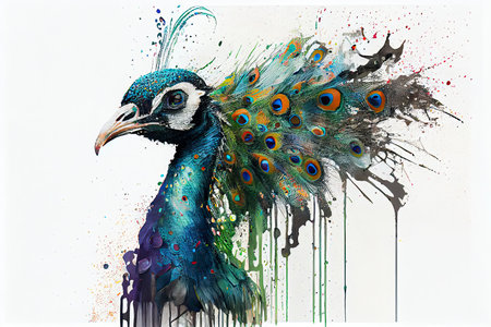 colorful Peacock,white background,dripping art.Generative AIの素材