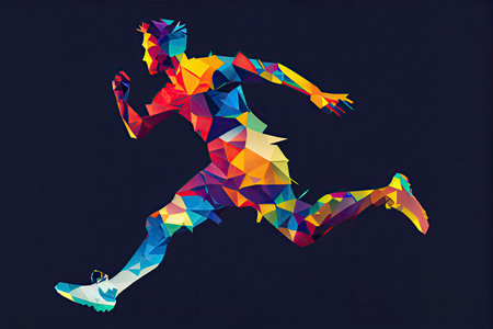 Creative silhouette of soccer player. Football player kicks the ball in trendy abstract colorful polygon style with rainbow back.Generative AIの素材