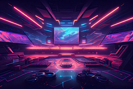 Neon lit e sports arena in the middle of the stadium with a large joystick.Generative AIの素材