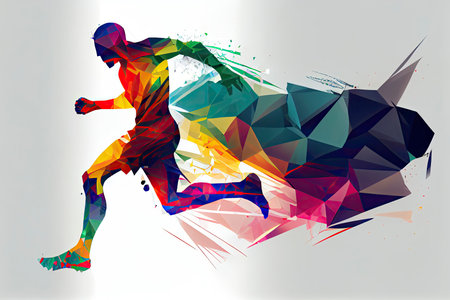 Creative silhouette of soccer player. Football player kicks the ball in trendy abstract colorful polygon style with rainbow back.Generative AIの素材
