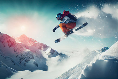 Winter Extreme athlete Sports ski jump on mountain.Generative AIの素材