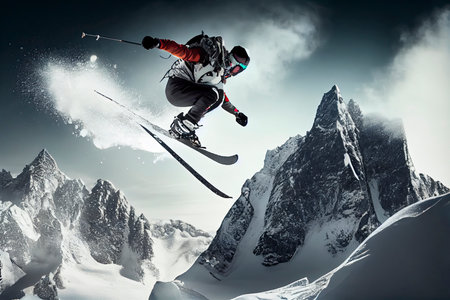 Winter Extreme athlete Sports ski jump on mountain.Generative AIの素材