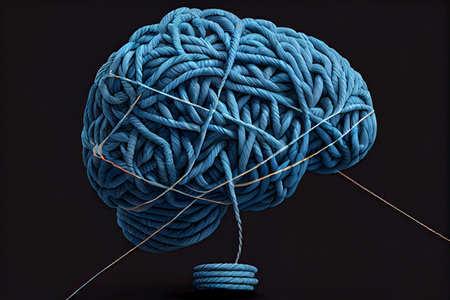 Brainstorming and brainstorm concept or psychology symbol as a creative human mind made of rope and thread in a 3D illustration style.Generative AIの素材