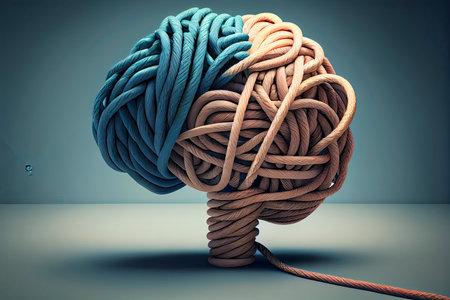 Brainstorming and brainstorm concept or psychology symbol as a creative human mind made of rope and thread in a 3D illustration style.Generative AIの素材