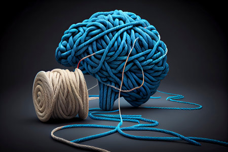 Brainstorming and brainstorm concept or psychology symbol as a creative human mind made of rope and thread in a 3D illustration style.Generative AIの素材