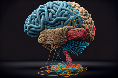 Brainstorming and brainstorm concept or psychology symbol as a creative human mind made of rope and thread in a 3D illustration style.Generative AIの素材