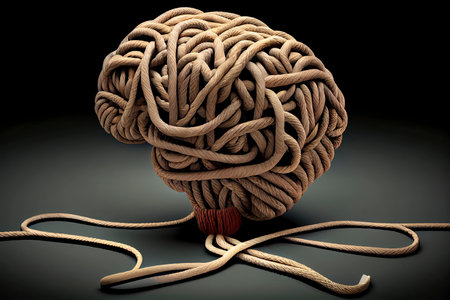 Brainstorming and brainstorm concept or psychology symbol as a creative human mind made of rope and thread in a 3D illustration style.Generative AIの素材