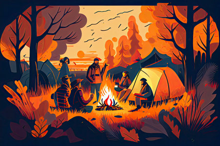 Family enjoying vacation camping at countryside in Autumn,Group of People sitting near the tent.Generative AIの素材