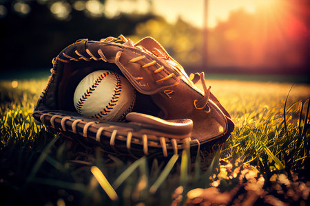 Baseball in glove in the lawn at sunset in the evening day with sun ray and lens flare light.Generative AIの素材