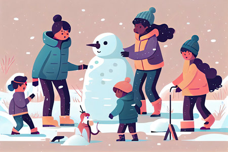 Vector Illustration of multiracial kids playing outdoors. Girls and boys making snowman in winter, children playing in snowballs, sledding, playing with dog. Mentor man looks after the children .Generative AIの素材