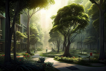 Futuristic city concept of ESG green buildings and offices filled with greenery, skyscrapers, parks and other green spaces.Generative AIの素材