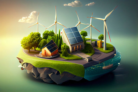 eco city landscape concept, green clean renewable energy, with windmills and solar panels.generative AIの素材