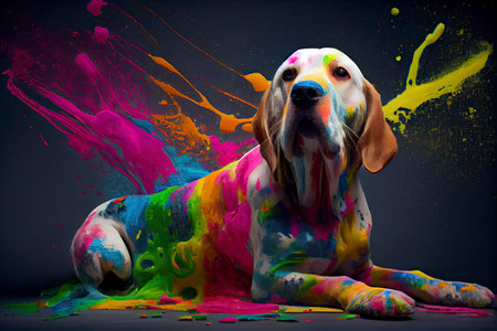 dog covered in colorful paint might suggest a playful and creative spirit.Generative AIの素材