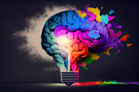Creative light bulb explodes with colorful paint and splashes  Think differently creative idea concept.Generative AIの素材
