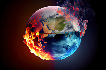 Planet Earth burning, global warming concept.Generative AIの素材