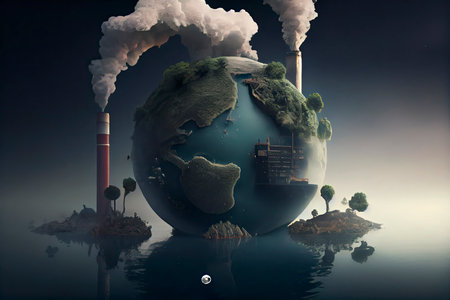 Earth destroyed by pollution. Global catastrophe concept (greenhouse effect, global warming are destroying our planet).Generative AIの素材