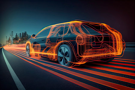 Electric car concept running on the road.Generative AIの素材