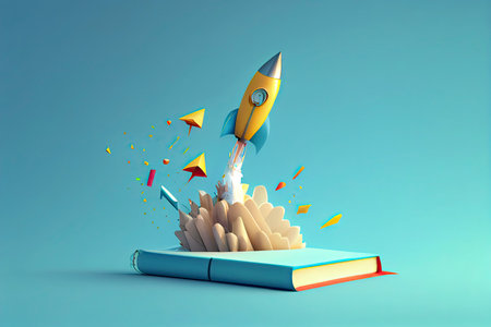 Minimal background for online education concept. Launching pencil rocket and notebook.Generative AIの素材