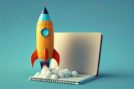 Minimal background for online education concept. Launching pencil rocket and notebook.Generative AIの素材