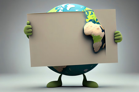 Cute Earth Globe Cartoon Character Holding A Blank Sign.Generative AIの素材
