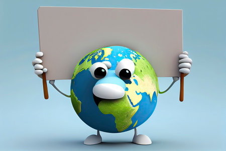 Cute Earth Globe Cartoon Character Holding A Blank Sign.Generative AIの素材