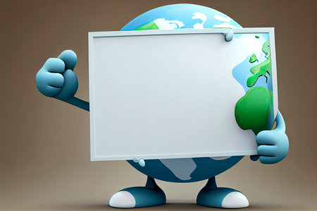 Cute Earth Globe Cartoon Character Holding A Blank Sign.Generative AIの素材