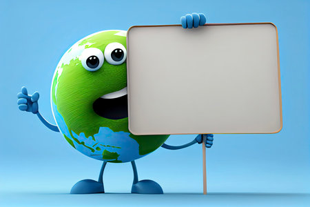 Cute Earth Globe Cartoon Character Holding A Blank Sign.Generative AIの素材