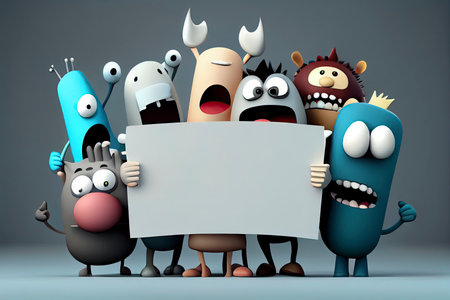 3D team of happy people cartoon holding blank sign. 3D animal background.Generative AIの素材