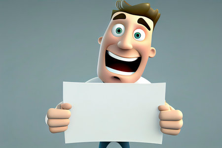 Happy young man holding/showing/displaying white blank board/banner/poster.Generative AIの素材