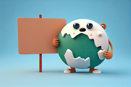 Cute Earth Globe Cartoon Character Holding A Blank Sign.Generative AIの素材