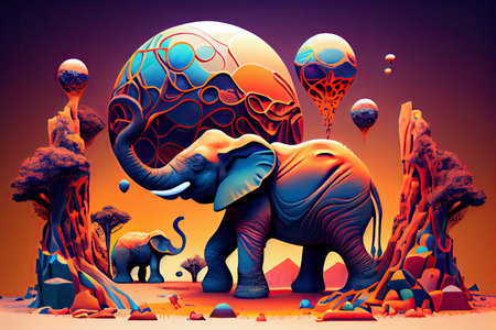 Psychedelic landscape with elephants.Generative AIの素材