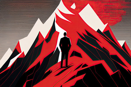 Business concept vector illustration of a businessman looking the red lines which leading to the top of a mountain.Generative AIの素材