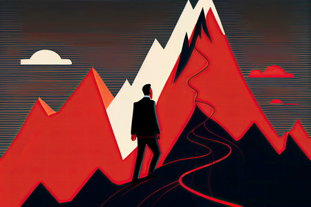 Business concept vector illustration of a businessman looking the red lines which leading to the top of a mountain.Generative AIの素材