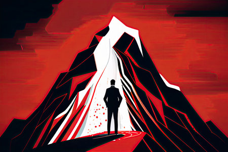 Business concept vector illustration of a businessman looking the red lines which leading to the top of a mountain.Generative AIの素材