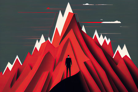 Business concept vector illustration of a businessman looking the red lines which leading to the top of a mountain.Generative AIの素材